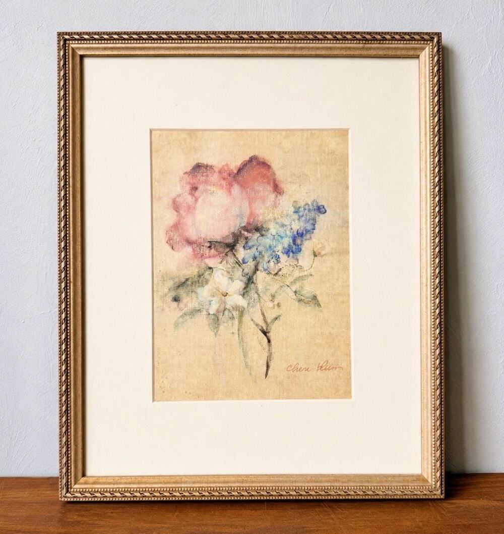 Cheri Blum Floral Print Vintage Framed Botanical Art Pink Blue Flowers